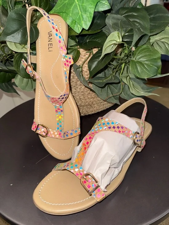Van Eli Multicolor Mosaic T‑Strap Sandals - Beige/Multicolor Size 11 M - Picture 1 of 11